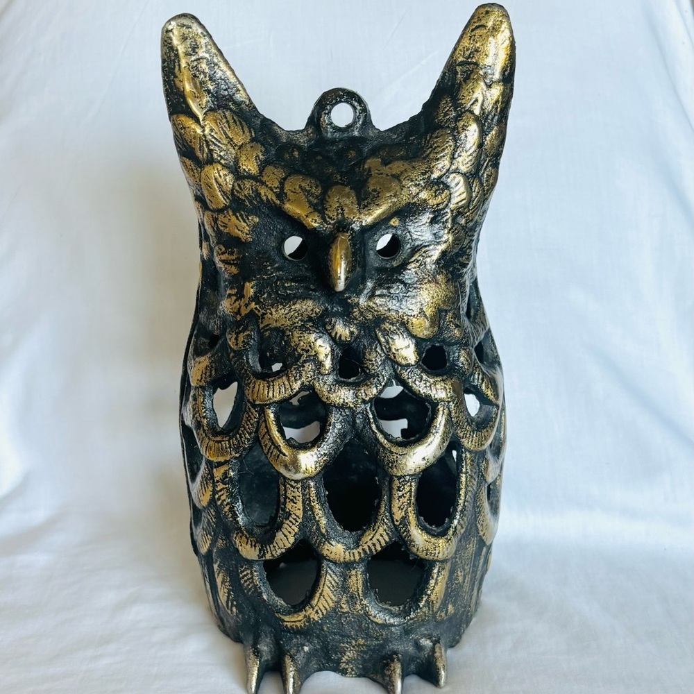 Vintage Cast Metal Brass Owl Lantern Patio Garden Candle Tea Light Halloween